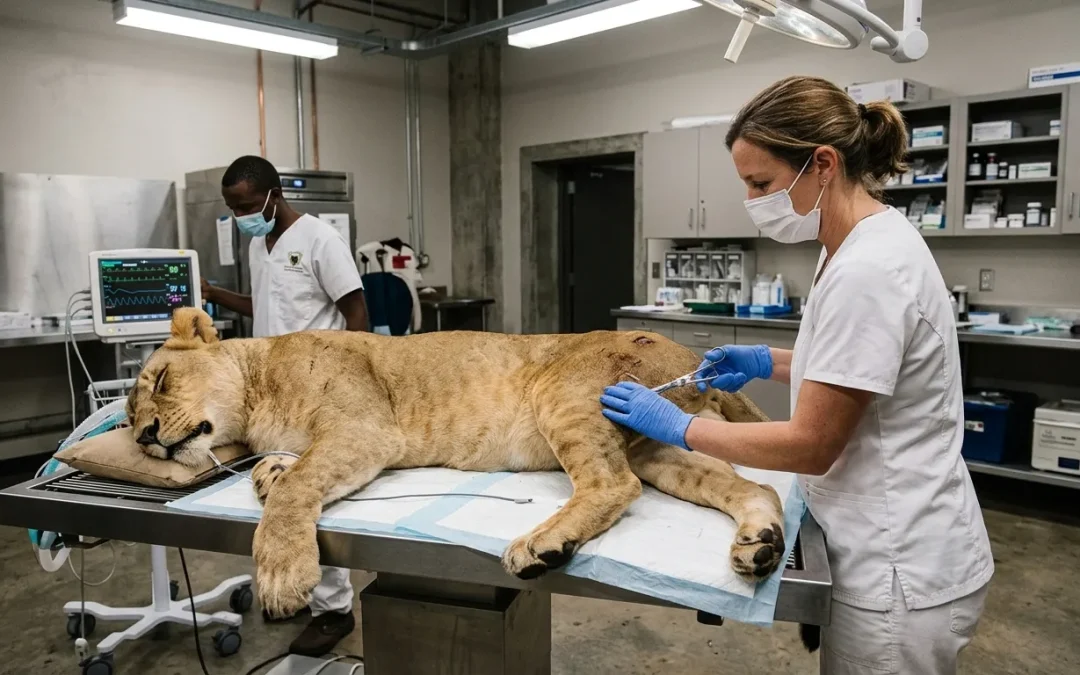 Vétérinaire examinant un jeune lion anesthésié en clinique