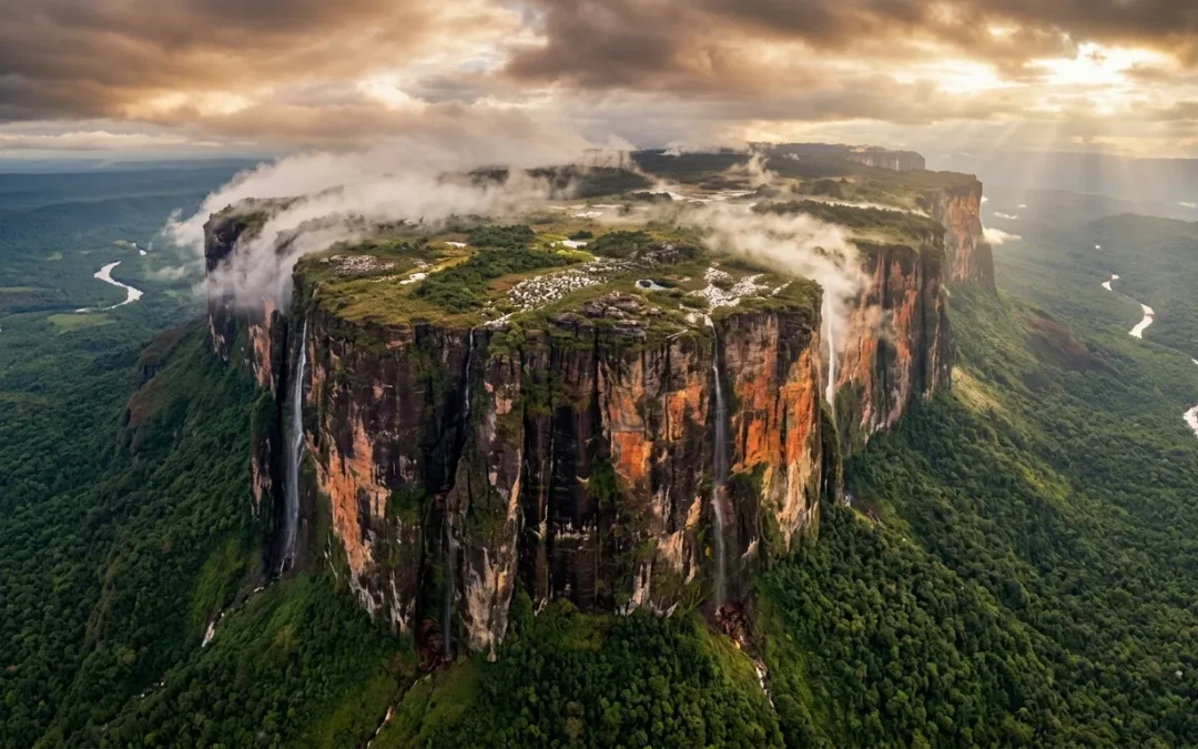 Plateau rocheux isolé entouré de jungle et cascades